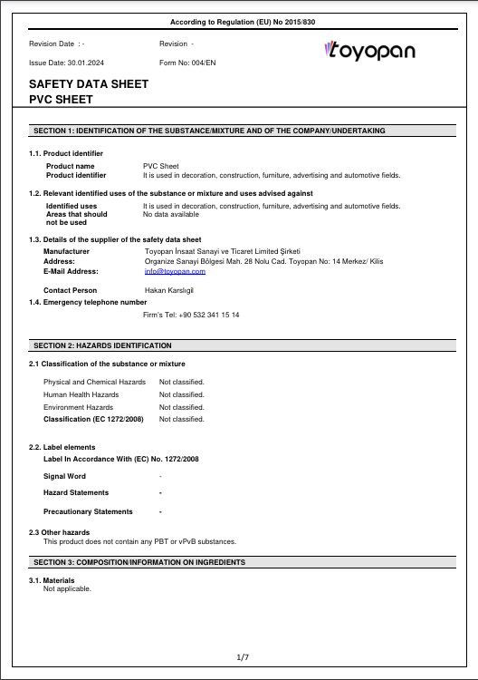 Safety Data Sheet Pvc Sheet